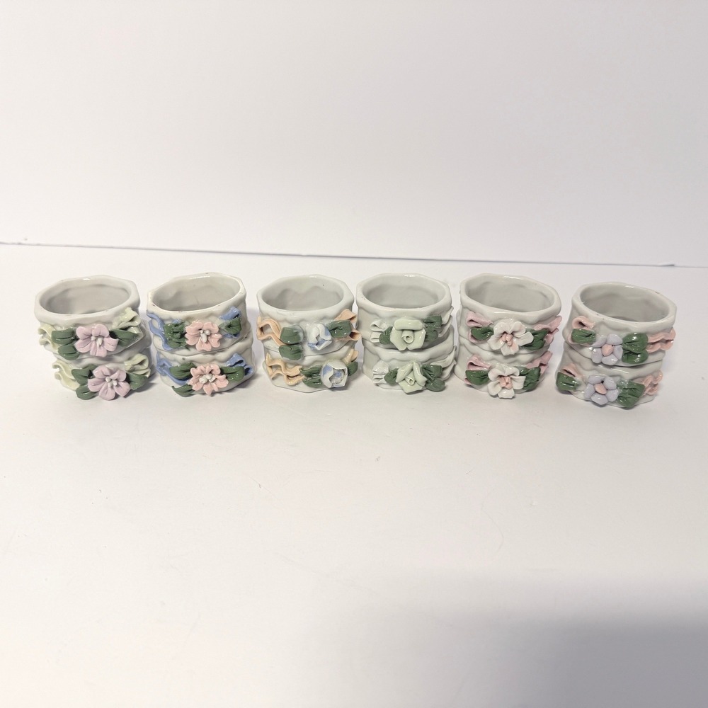 Vintage Ceramic Floral Napkin Rings Set of 12 Pastel Porcelain Flower 3D Decor